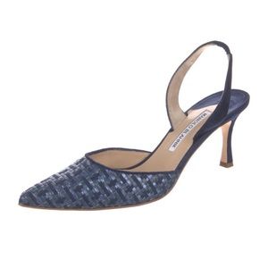 Manolo Blahnik Carolyne Etched Fabric halter pump sling-back 7.5/37.5